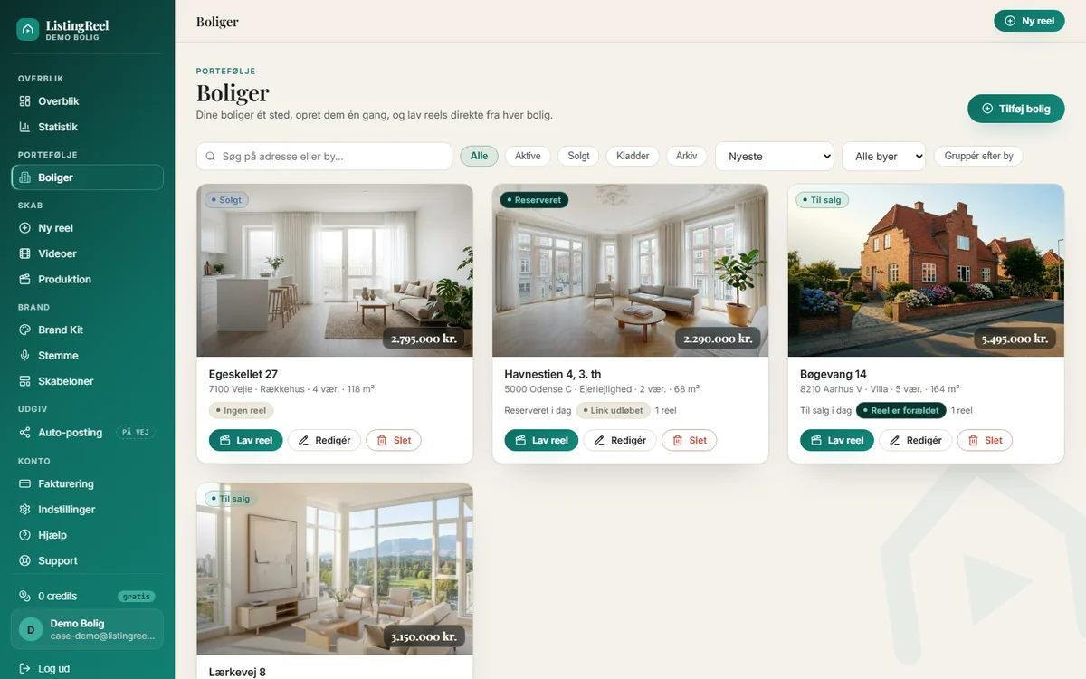Skærmbillede af boligmappen i ListingReels portal: fire boliger som kort med coverfoto, status som til salg, reserveret eller solgt, og knapper til at lave en reel eller redigere.