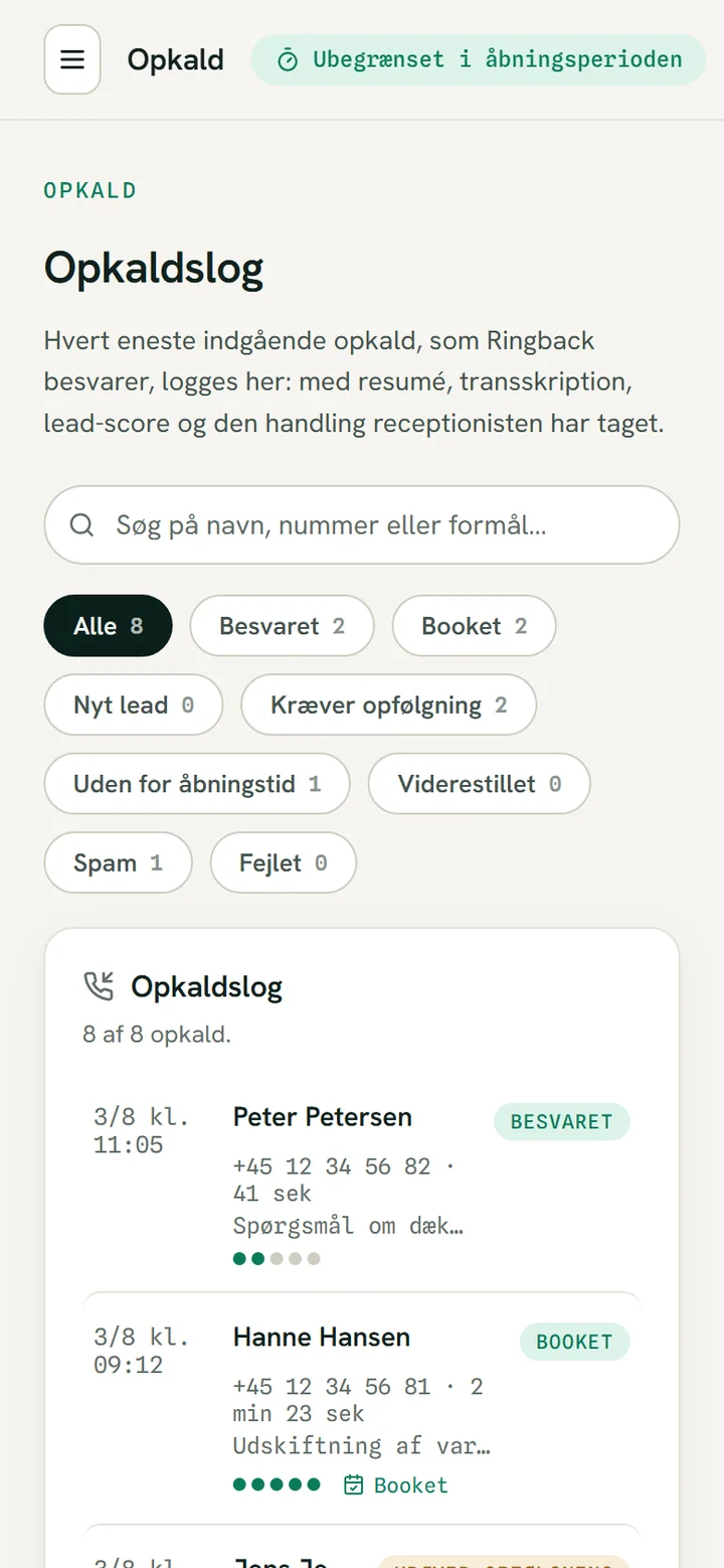 Skærmbillede af opkaldsloggen på en telefon, hvor filtrene ligger over hinanden og hvert opkald fylder sin egen række.