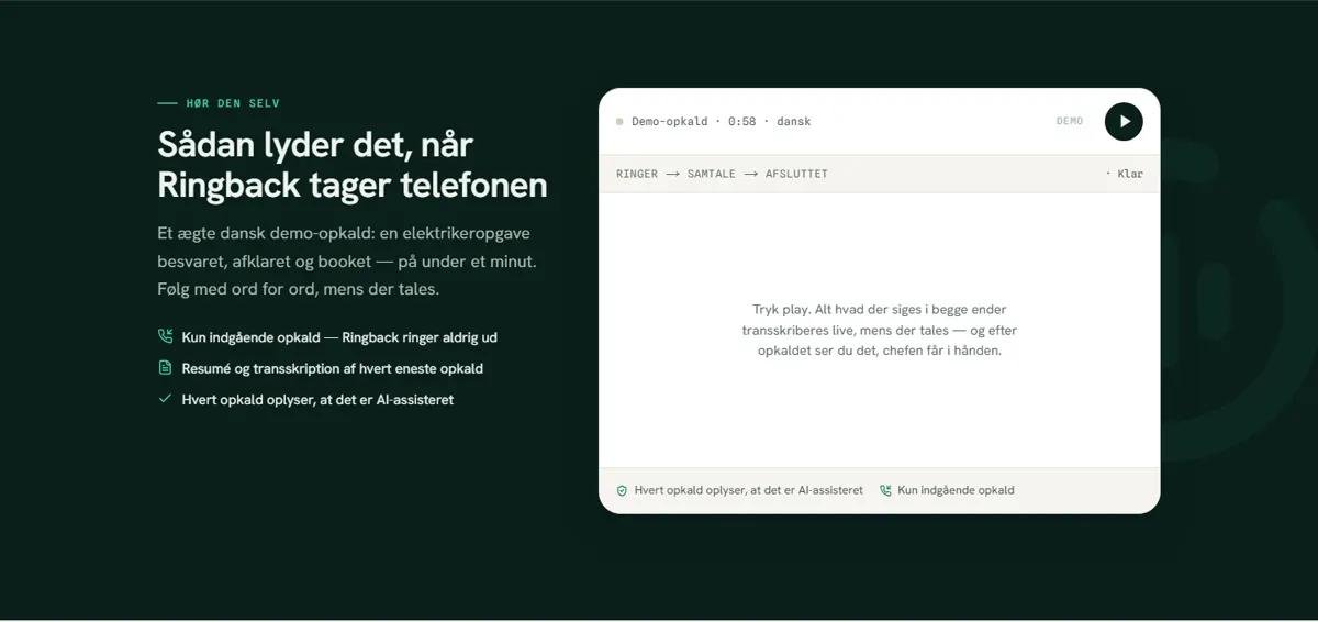 Arkiveret skærmbillede af en tidligere demo på ringback.dk, hvor samtaleteksten vises på skærmen.